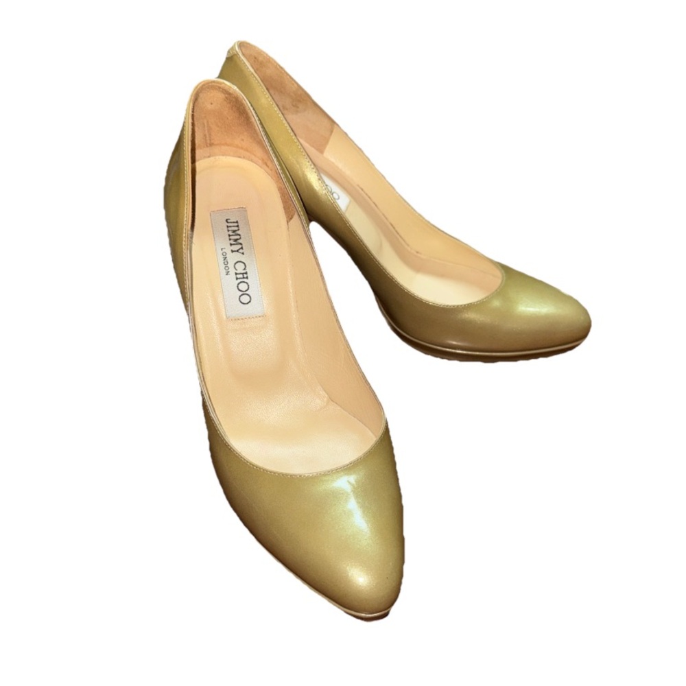 Jimmy Choo Pumps Women’s 37.5/7.5 Golden Beige Patent Leather Almond Toe Heels